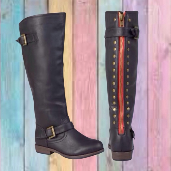 Journee Collection Shoes - Journee Collection Black Spokane Studded Knee High Riding Boots